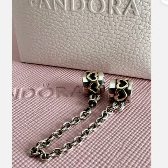 Pandora Gold & Silver Hearts Safety Chain-Like New - Picture 1 of 7